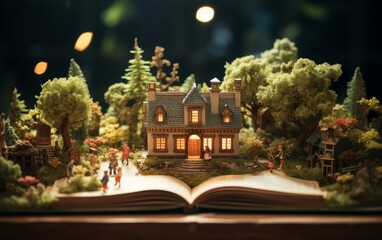 A whimsical scene where a miniature house sits atop an open book, blending fantasy and reality