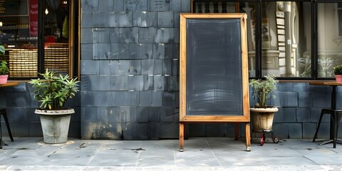 A blank blackboard sign stands outside a restaurant ready to display the days specials and menu items. Concept Restaurant Signage, Daily Specials, Menu Display, Outdoor Advertising