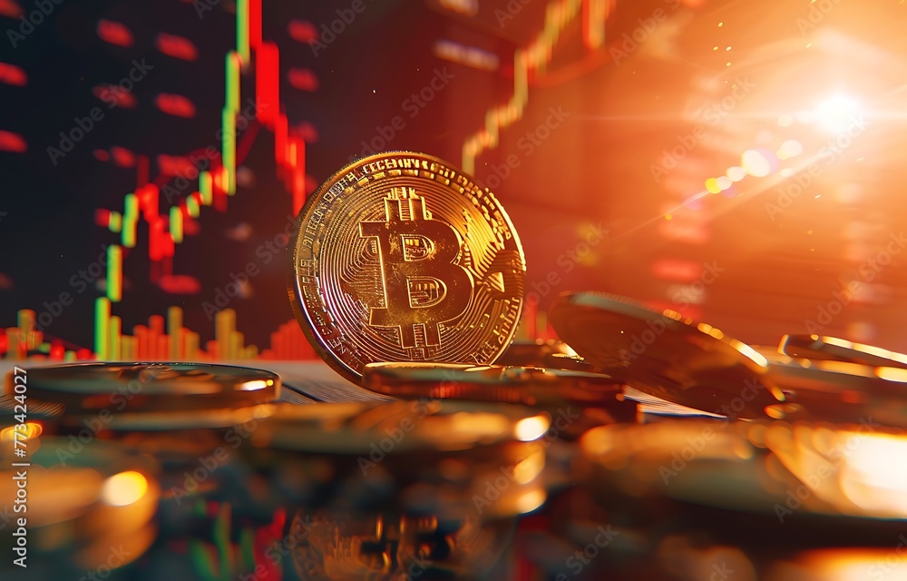 Poster bitcoin cryptocurrency stock trading background concept. golden bitcoin over stack of gold coins wit