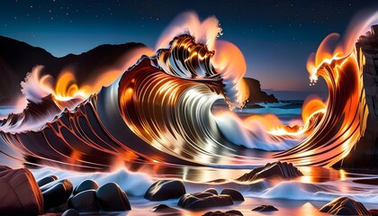 Surreal digital art of fiery waves crashing on a rocky shore at night, with a vibrant play of light...