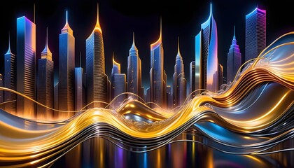 Futuristic city skyline with dynamic light trails and illuminated skyscrapers at night.