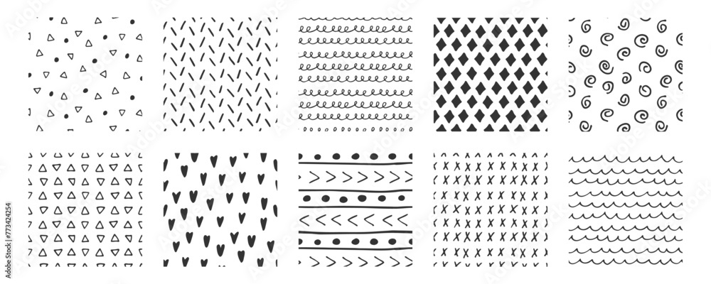 Aufkleber set of abstract doodle seamless patterns. black and white minimalistic modern background. freehand s