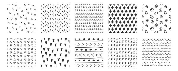 Set of abstract doodle seamless patterns. Black and white minimalistic modern background. Freehand squiggles ink texture. Simple monochrome pattern of dashes, swirl, triangles, scribble lines - obrazy, fototapety, plakaty