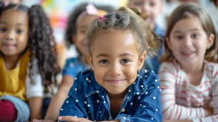 Portrait of cute little girl looking at camera in elementary school classroom
