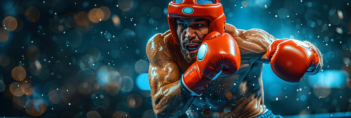 A boxer in a red helmet and gloves performs at the Olympic Games. The boxer dynamically throws a side kick, protecting the jaw. Banner with space for text. Olympic boxing concept - obrazy, fototapety, plakaty