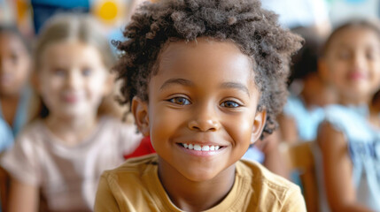 Portrait of cute african american little boy smiling in kindergarten - obrazy, fototapety, plakaty