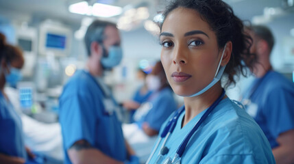 Portrait of a female surgeon standing in operating room with colleagues in background