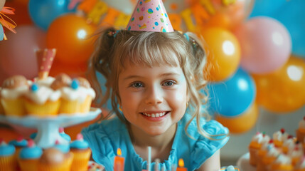 Cute little girl celebrating her birthday at home. Birthday party.