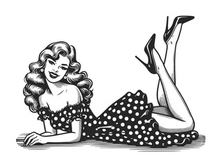 smiling pin up girl lying down, polka dot dress high heels exuding 1950s charm sketch engraving generative ai fictional character vector illustration. Scratch board imitation. Black and white image.