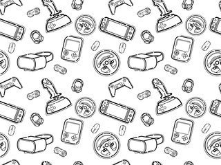 Video game controller gamepad background Gadgets and devices seamless pattern Modern Game Console Controllers Seamless Pattern, Video Game Players Accessory Devices Background, Banner, Textile, Packag
