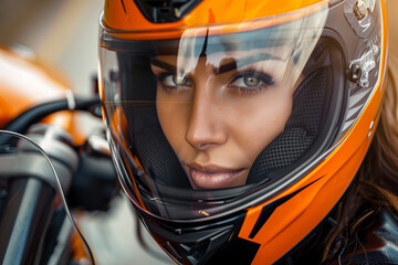 A woman wearing a motorcycle helmet exudes strength and determination as she leans beside her striking black and orange motorcycle