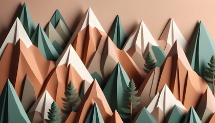 Abstract geometric mountains with trees in a pastel color palette, suitable for modern art and...