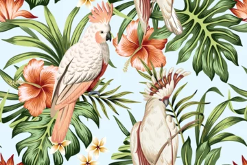 Zelfklevend Fotobehang Tropical vintage palm leaves, red hibiscus flower, pink cockatoo parrot floral seamless pattern blue background. Exotic jungle wallpaper. © good_mood