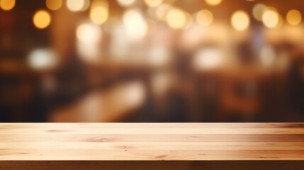 Wooden board empty table in front of blurred background. Brown wood over blur in restaurant - can be used for display or montage your products. Mock up for display of product. High quality photo