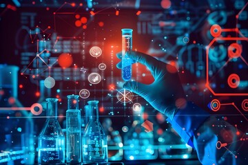 Obraz premium A scientist is holding up a test tube with glowing blue liquid inside, surrounded by holographic icons representing different lab equipment and data visualizations 