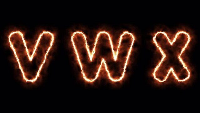 Animated alphabet letters "V W X" with fire effect , transparent background with alpha channel	