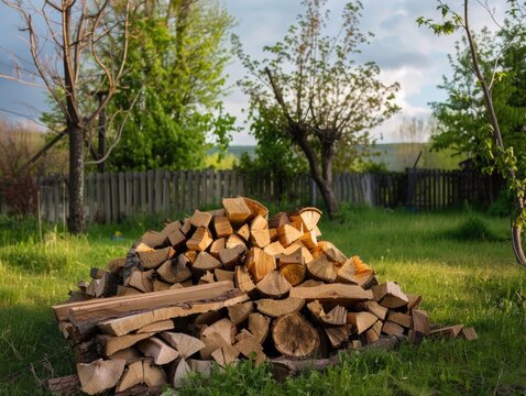 A pile of wood logs in a yard
