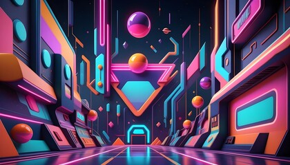 Futuristic neon cityscape with abstract shapes and floating orbs in a vibrant cyberpunk alleyway.