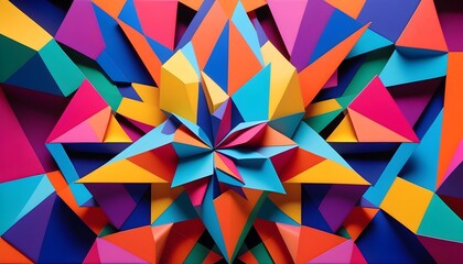 Vibrant paper art with colorful geometric shapes forming a 3D abstract pattern.
