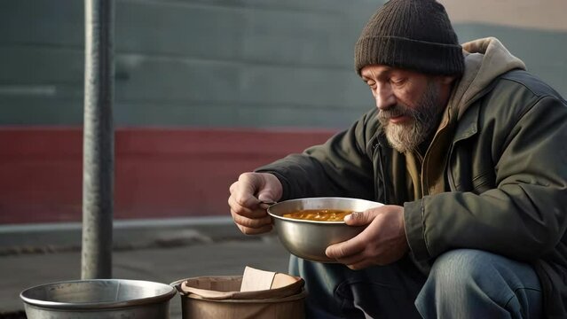 Homeless man looks at hot soup in a metal bowl in an urban environment. Volunteer provision of warm meals to vulnerable populations.