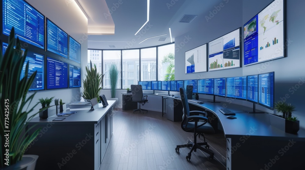 Poster in an office building, a row of computer monitors sits on a desk, creating a symmetrical display. th