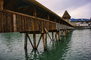 Chapel Bridge, the famous wooden bridge of Lucerne late winter