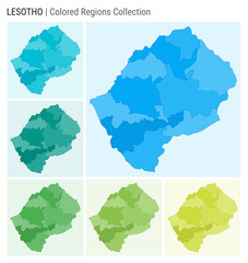 Lesotho map collection. Country shape with colored regions. Light Blue, Cyan, Teal, Green, Light Green, Lime color palettes. Border of Lesotho with provinces for your infographic. Vector illustration.