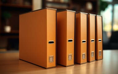 A vibrant row of orange binders lined up neatly on a rustic wooden table