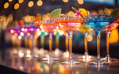A colorful row of cocktail glasses adorned with various hues lined up neatly on a countertop
