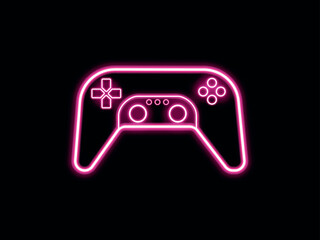MobiGame console symbol. Gamepad for video, 3D, VR, AR. Bright neon modern gadget on black background.le