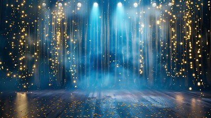 Blue and gold lights stage with stars - obrazy, fototapety, plakaty