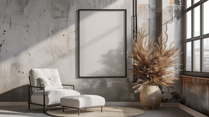 Modern room, mockup for a picture or poster with frame hanging above a chair, created with generative AI technology