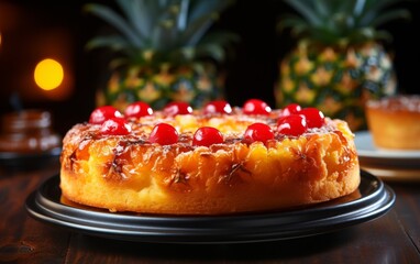 A vibrant pineapple upside down cake with caramelized rings and maraschino cherries on a white plate - obrazy, fototapety, plakaty