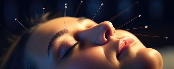 woman face with acupuncture needles on her face detail