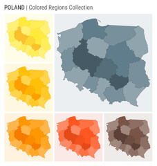 Poland map collection. Country shape with colored regions. Blue Grey, Yellow, Amber, Orange, Deep Orange, Brown color palettes. Border of Poland with provinces for your infographic.