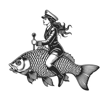 Pirate woman captain riding fish sketch engraving generative ai fictional character vector illustration. T-shirt apparel print design. Scratch board imitation. Black and white image.