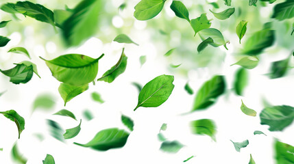 Fototapeta na wymiar Falling green leaves isolated on a white background, generative ai