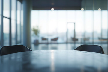 Blurred background of a modern office interior with panoramic windows and a round table for a meeting or conference in a minimalistic style, generative ai