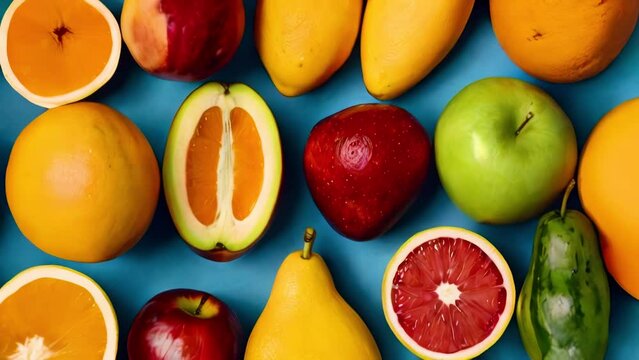 Top view assorted juicy, sliced and whole fruits on blue background, push out shot. Healthy nutrition and health care.