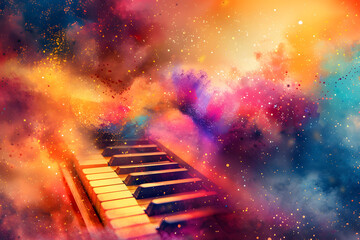 Piano Keyboard on Abstract Colorful Dust Background: Musical Harmony in Vibrant Chaos
