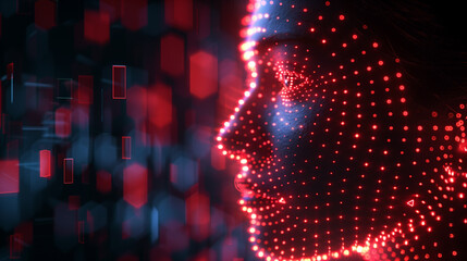 Digital human face profile with red LED lights, concept of artificial intelligence and technology.