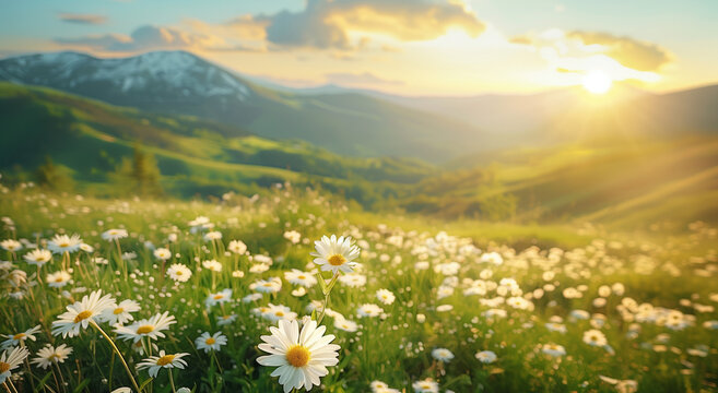 A field of daisies in full bloom, rolling hills under the sun. Generative ai