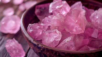 A bowl filled with pink crystals sits on top of a wooden table