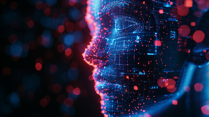Digital human face profile with network connections, representing artificial intelligence and cyber technology.