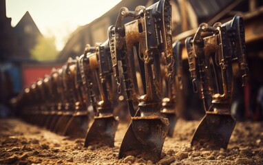 A row of shovels resting on a dirt field under the sun