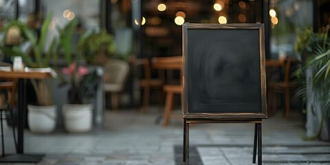 A blank blackboard sign stands outside a restaurant ready for a menu or message. Concept Restaurant Sign, Blank Blackboard, Outdoor Advertisement, Menu Board, Message Display