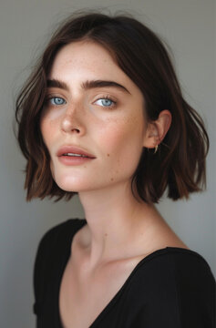 a candid photo of a beautiful model 30 years old with blue eyes and an ear length bob haircut
