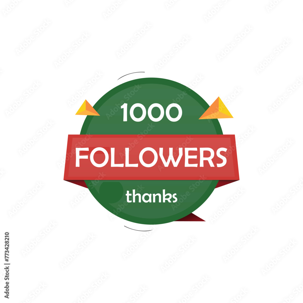 Wall mural 1000 followers thank you label badge vector editing. 1k followers label isolated on white background. Editable EPS file in green and red colors theme. - Wall murals