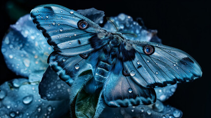Mariposa azul pousada em uma flor azul no fundo preto - obrazy, fototapety, plakaty