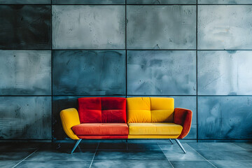 Vibrant Contrast: Colorful Sofa Against Grunge Tile Paneling on Concrete Wall